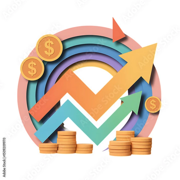 Obraz Colorful Financial Growth Arrows with Dollar Coins and Target Background