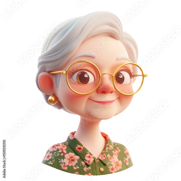 Fototapeta Charming Grandmother Cartoon Portrait with Floral Shirt and Golden Glasses - A Heartwarming Digital Rendering of a Smiling Senior Woman
