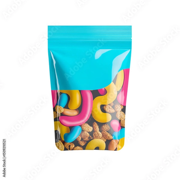 Fototapeta A vibrant, colorful snack blend in a transparent, modern package, enticingly displayed with perfect lighting, emphasizing the delicious variety of contents.