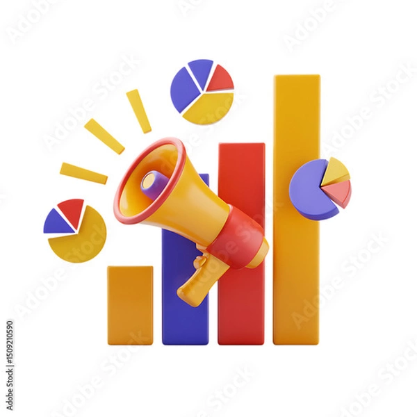 Obraz 3D Marketing Analytics with Bar Chart, Pie Graphs, and Megaphone Icon
