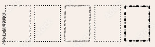 Obraz Set of five abstract rectangular frames with different dash and dot patterns. Hand drawn vector illustration