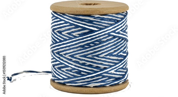 Fototapeta Blue and white striped twine on a wooden spool craft supplies string cotton baker s twine crafting