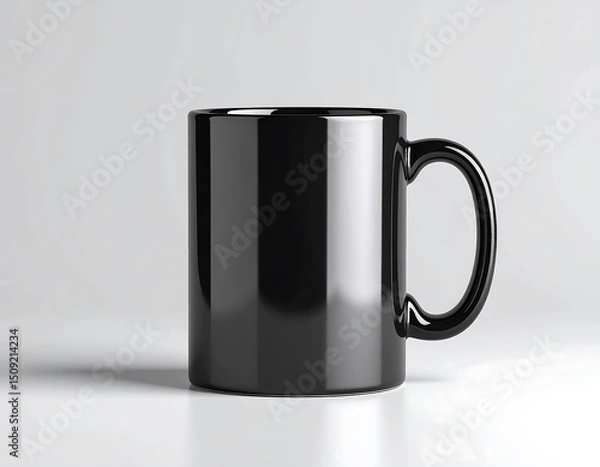 Obraz A sleek, black cylindrical mug with a C-shaped handle sits on a white surface
