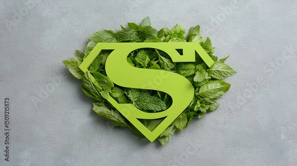 Obraz Green Superhero Leaf Shield on Gray Background