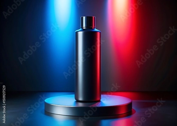 Obraz Black bottle on a silver platform with blue and red lighting in the background for product promotion