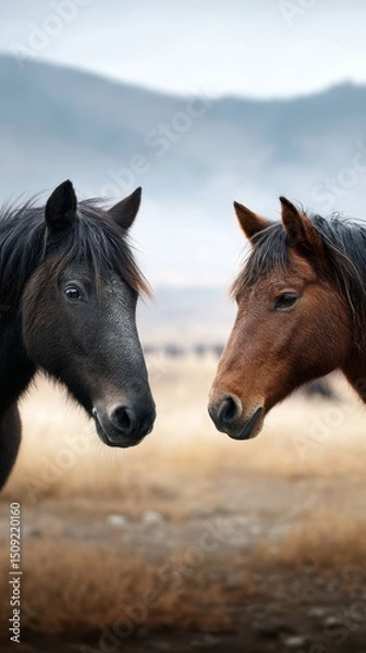 Fototapeta Two horses interact in a serene landscape during a calm morning near hills