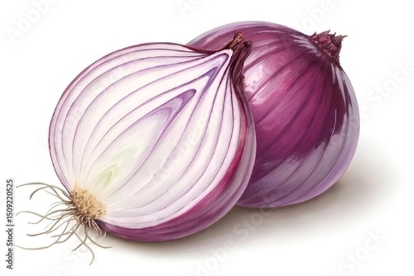 Fototapeta Fresh red onion halved and whole isolated on white background