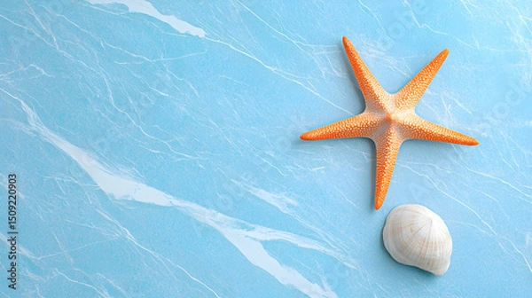 Fototapeta Orange Starfish and White Seashell on Light Blue Textured Background
