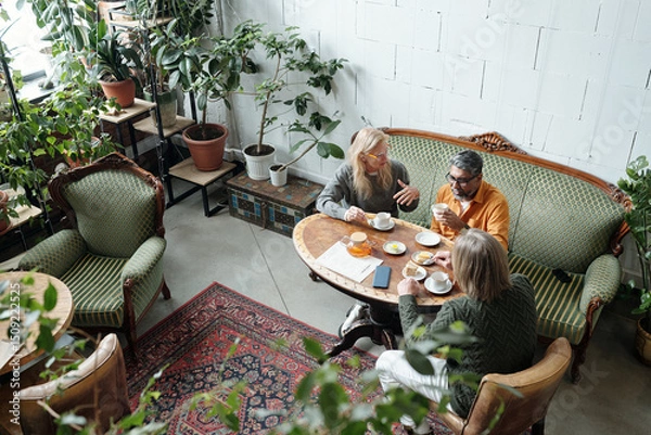 Fototapeta Overhead view of people sitting at round table, drinking coffee and conversing in cozy cafe with green plants and vintage furniture