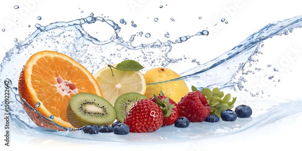 Obraz fresh fruits splash in water on white background