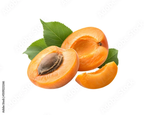 Obraz halved apricot with wedge slice on white background