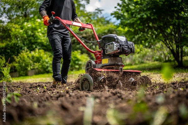 Obraz Farmer plows the land with a cultivator, preparing it for planting vegetables, on a sunny day garden. Man with garden tiller. Soil preparing.