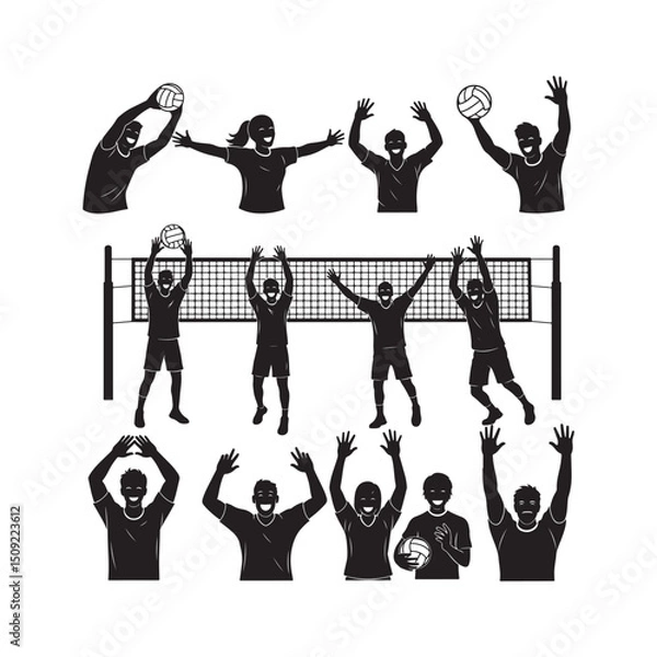 Obraz Vector illustration of volleyball players in action showing diverse poses and celebrations in silhouette.