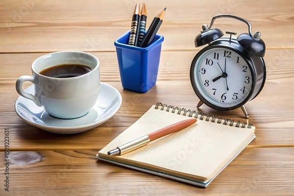 Obraz Still life of coffee cup, alarm clock, notepad, pen, and pencils on a wooden table surface