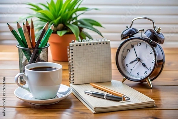 Obraz A desk with a cup of coffee a clock pencils a notepad and a plant on a wooden surface in a bright setting