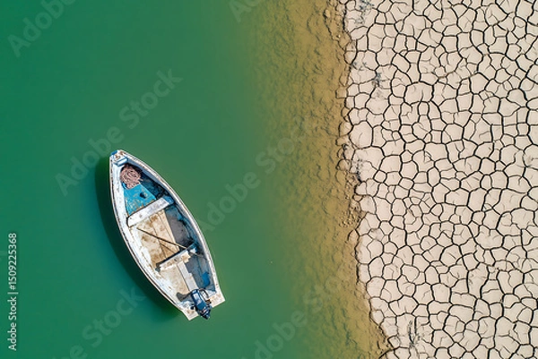 Obraz A small boat rests on a body of water next to drought-stricken land, highlighting environmental concerns and the impact of climate change.