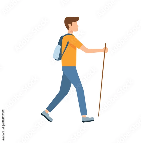Fototapeta Man hiking with backpack and walking stick