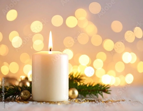 Obraz Lit candle with ornaments and evergreen sprig, bokeh background