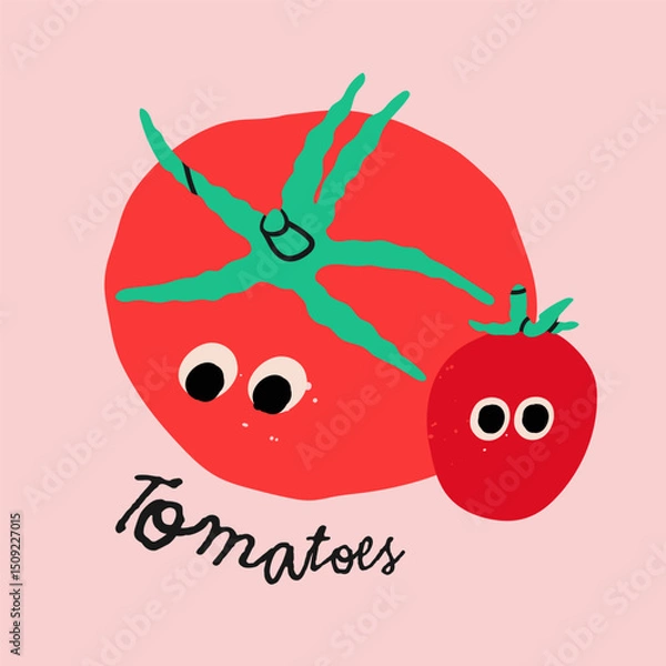 Fototapeta Fresh big and small juicy tomatoes. Red tomatoes, cherry tomatoes. Cute characters with eyes. Hand drawn modern Vector illustration. Isolated design element. Healthy, natural food concept