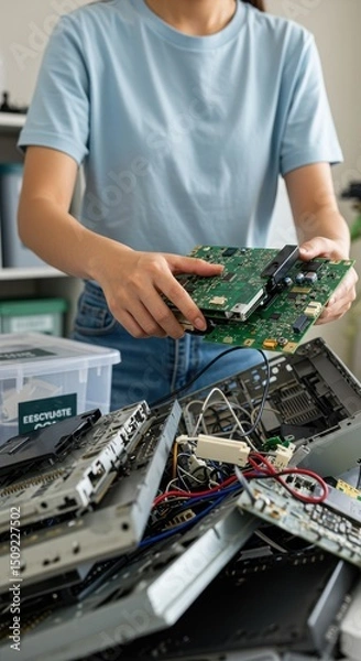 Obraz E-waste Recycling: Person Sorting Circuit Boards