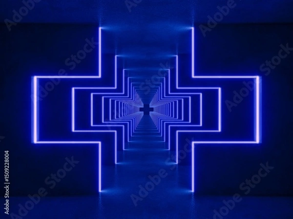 Fototapeta blue lighting with interior empty space, 3d rendering sci-fi concept