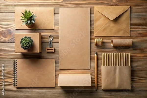 Obraz Overhead shot of kraft paper stationery set with plants on a wooden surface arrangement