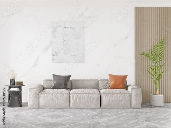 Fototapeta Mock up of an ideal bright living room with an original comfortable sofa and an interesting decorative background, 3D rendering.