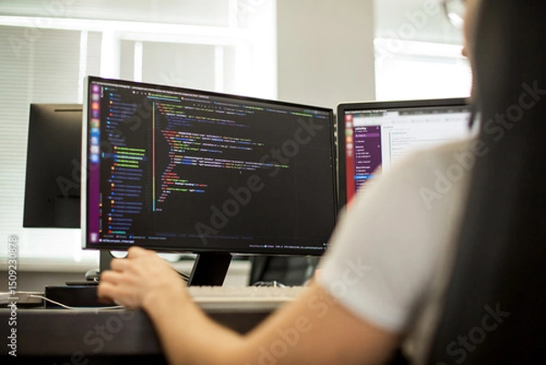 Fototapeta Woman coding on dual monitor setup in modern office