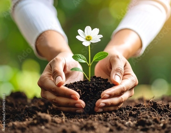 Obraz Two hands gently cradle a small flowering plant nestled in dark soil
