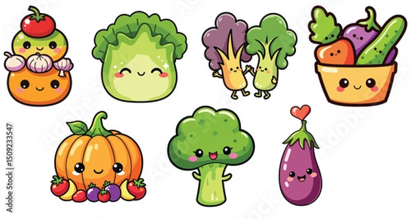 Obraz Kawaii cute smiling vegetables illustration colorful perfect for children's design
