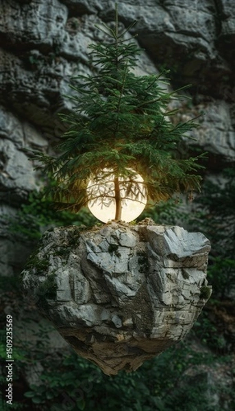 Fototapeta Boulders in orbit surrounding a luminous tree  a stunning visual of nature s magic