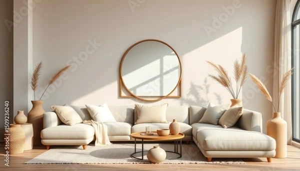 Fototapeta Modern living room interior with a light sectional sofa, round mirror, natural pampas grass decor, and warm sunlight creating a cozy, stylish, and minimalist atmosphere.