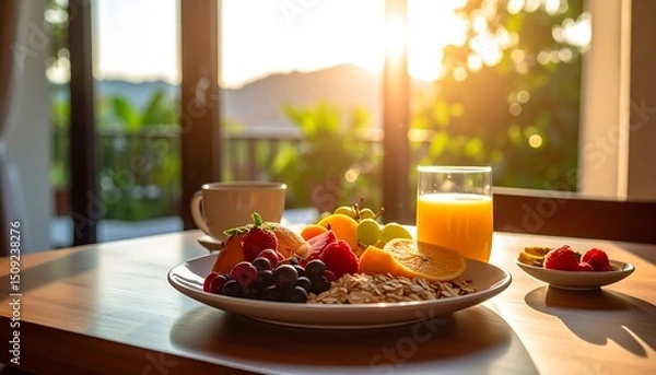 Obraz Sunlit breakfast scene with fruit, oats, and juice