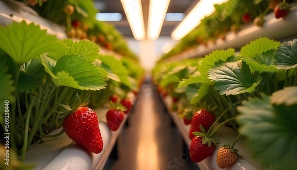 Fototapeta Vertical Farm with Strawberries

Lush Spiraling Strawberry Plants

Hydroponic Strawberry Farm

Futuristic Vertical Farm Berries

Ripe Red Strawberries Under Lights