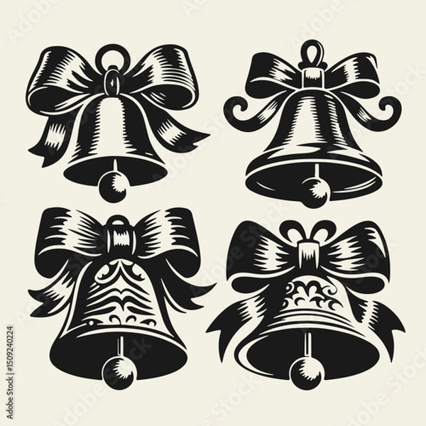 Fototapeta Set of vintage-style black and white Christmas bells with bows and ribbons. Hand-drawn in linocut technique with bold lines and high contrast, perfect for retro holiday designs.