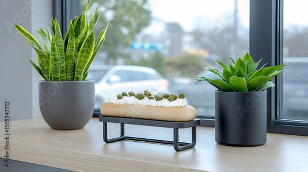 Fototapeta Cream Cheese and Caper Sandwich with Succulents on Windowsill