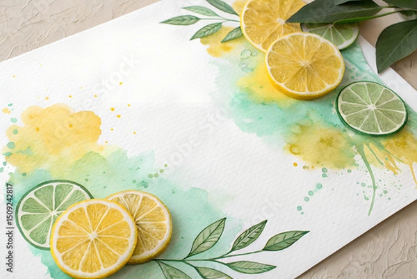 Fototapeta Lemon and Lime Slices on Watercolor Background
