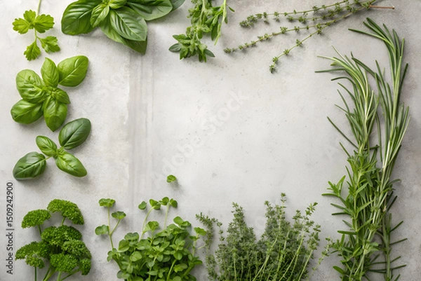 Fototapeta Fresh Assortment of Aromatic Herbs on a Grey Background