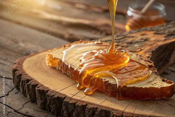 Fototapeta Golden Honey Dripping onto Rustic Bread on Wood