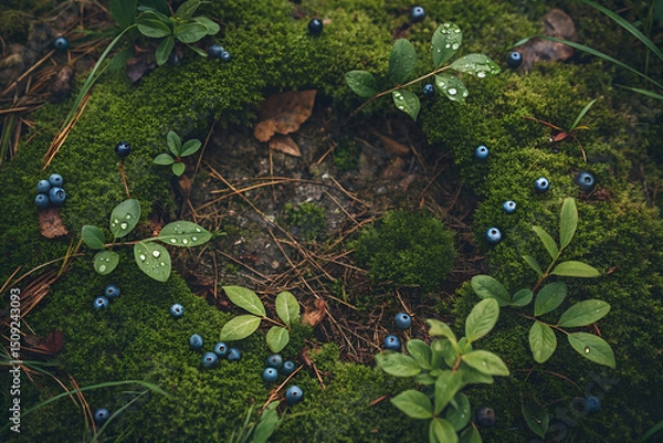 Fototapeta Overhead View of a Lush Forest Floor with Wild Berries and Moss