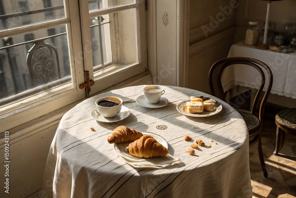 Obraz Cozy Morning Coffee and Croissants by a Sunny Window