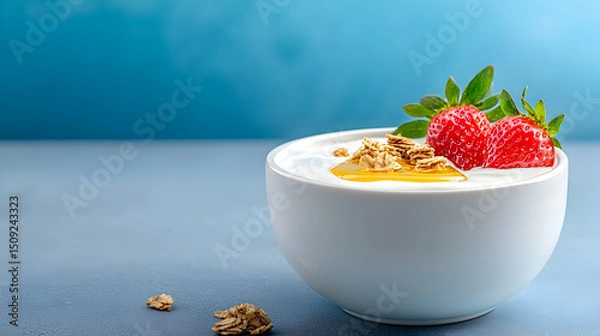 Fototapeta Yogurt with Granola and Strawberries in White Bowl