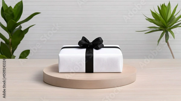 Fototapeta White Gift Box with Black Ribbon on Wooden Table