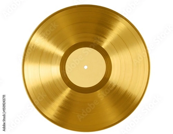 Obraz A gleaming gold vinyl record with a pale yellow label in the center, isolated on a white background
