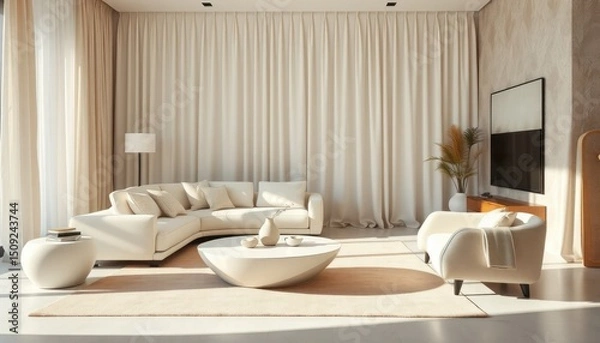 Fototapeta Elegant modern living room with beige sofa, stylish armchair, round coffee table, soft curtains, and warm natural lighting, creating a luxurious and cozy home interior.