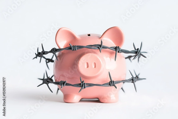 Obraz Pink piggy bank surrounded by barbed wire on a white background. Represents the protection of savings and financial security.