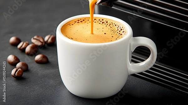Fototapeta Espresso Pouring into White Cup on Dark Surface