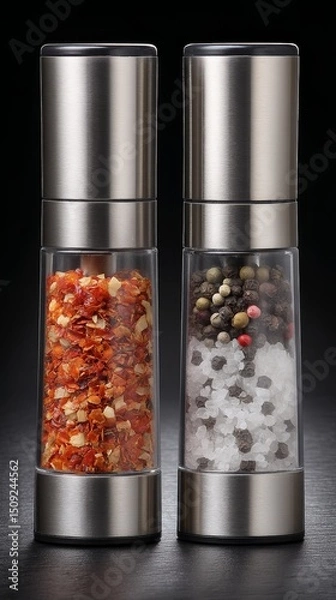 Fototapeta Close-up of Spices in Glass Jars: Chili Flakes and Black Peppercorns, Culinary Ingredients, Food Photography, Seasoning, Kitchen Essentials