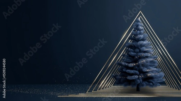 Fototapeta Festive Evergreen Tree Illuminated with Golden Lines, Abstract Christmas Decoration, Holiday Season, Modern Design, Elegant Background.