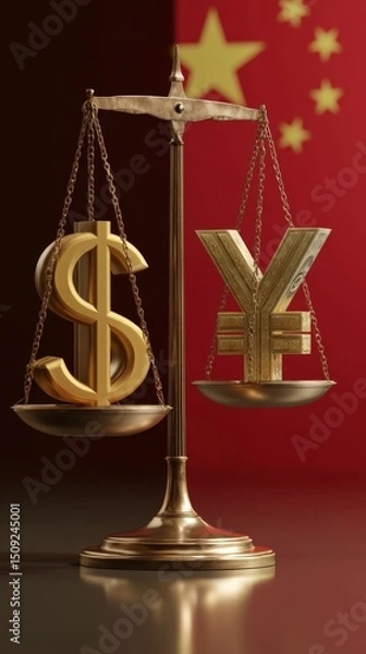 Fototapeta Golden scales with a balanced mix of US dollar and Chinese Yuan coins representing global finance, trade, and economic equilibrium.